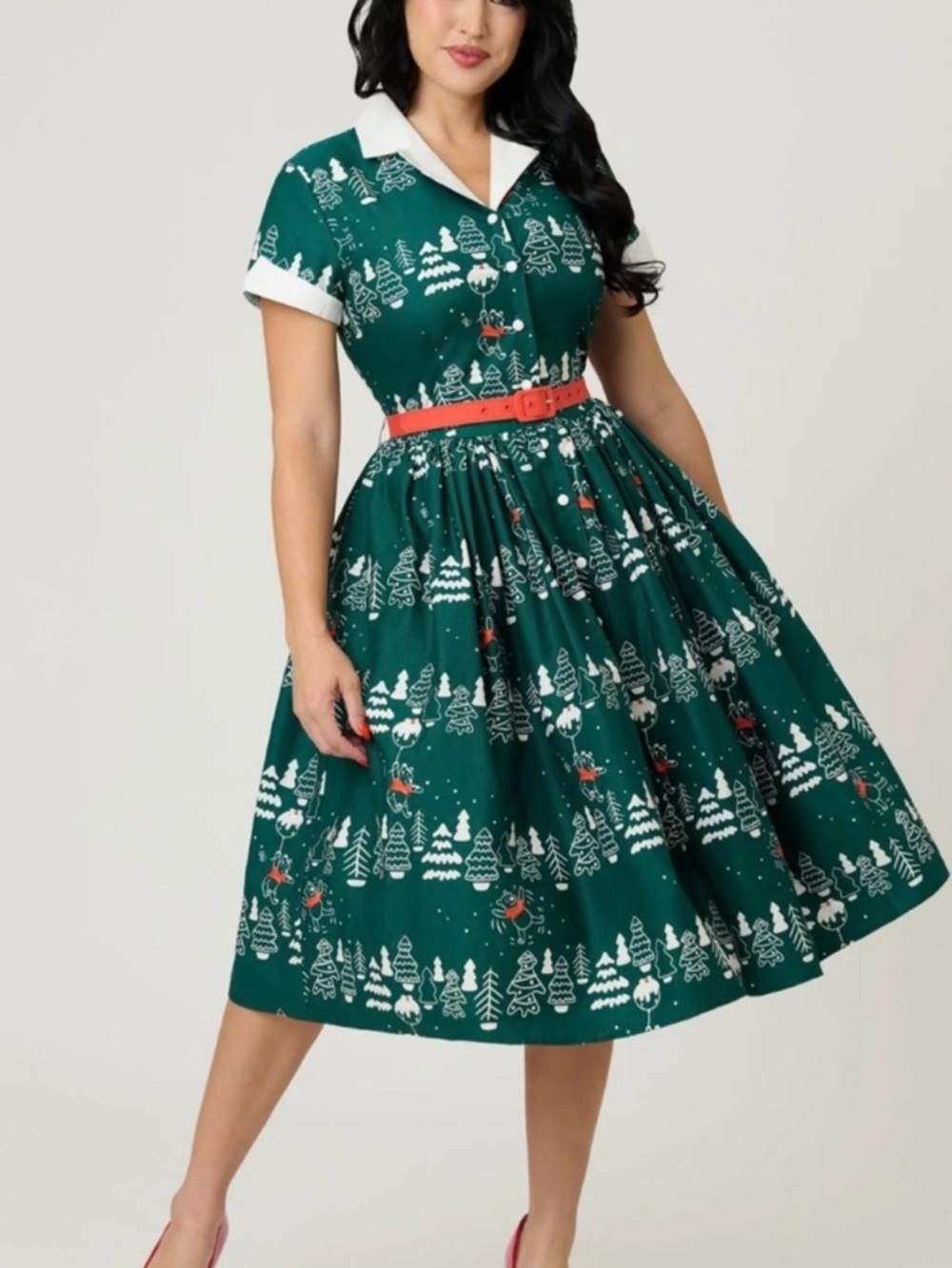 Disney Green Holiday Fit-and-Flare Midi Dress with White Collar and Red Accents